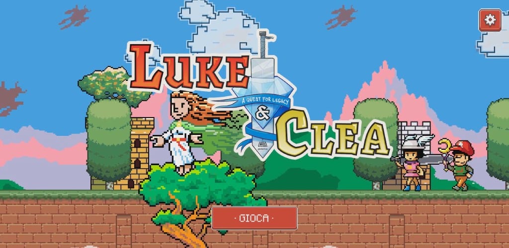 La schermata del titolo di Luke & Clea: i due fratelli in pixel art davanti alle torri di Lucca